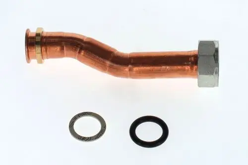 Kupferrohr mit gebogenem Ende und zwei Dichtungen, einem O-Ring und einer flachen Dichtung, geeignet für den Anschluss in Bosch-Geräten.